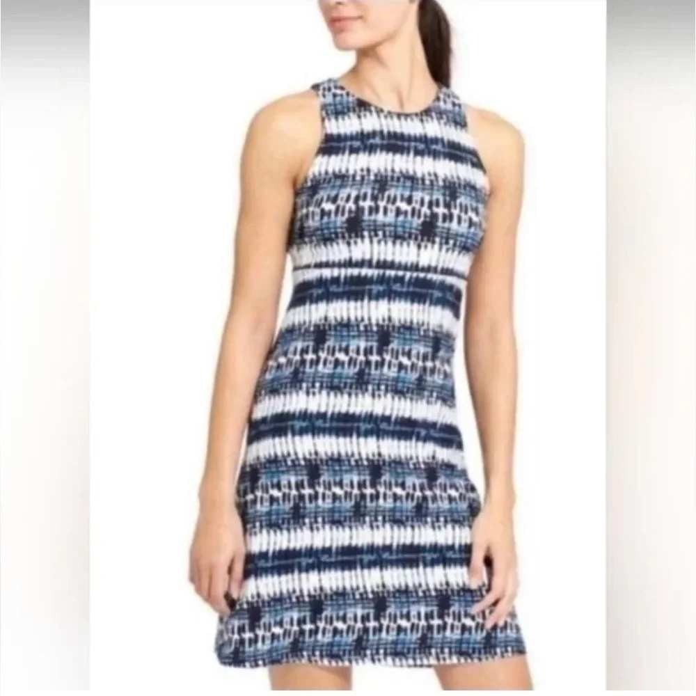 Athleta Santorini Blue and White Tie Dye Sleeveless Shift Dress Soft Sz L